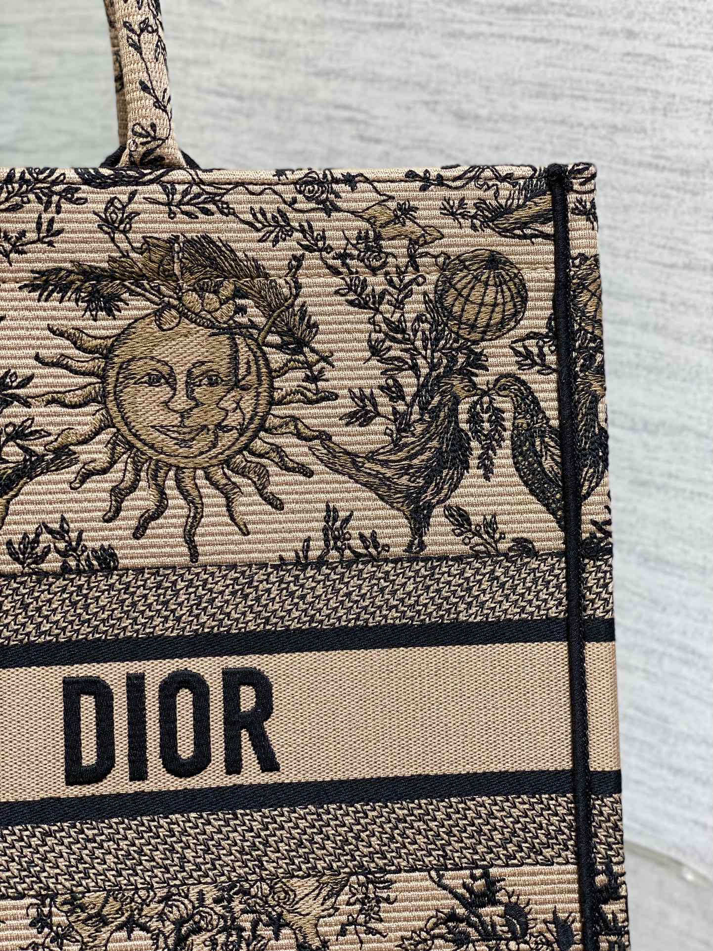 Large Dior Book Tote Bag Beige and Black Toile de Jouy Soleil Embroidery